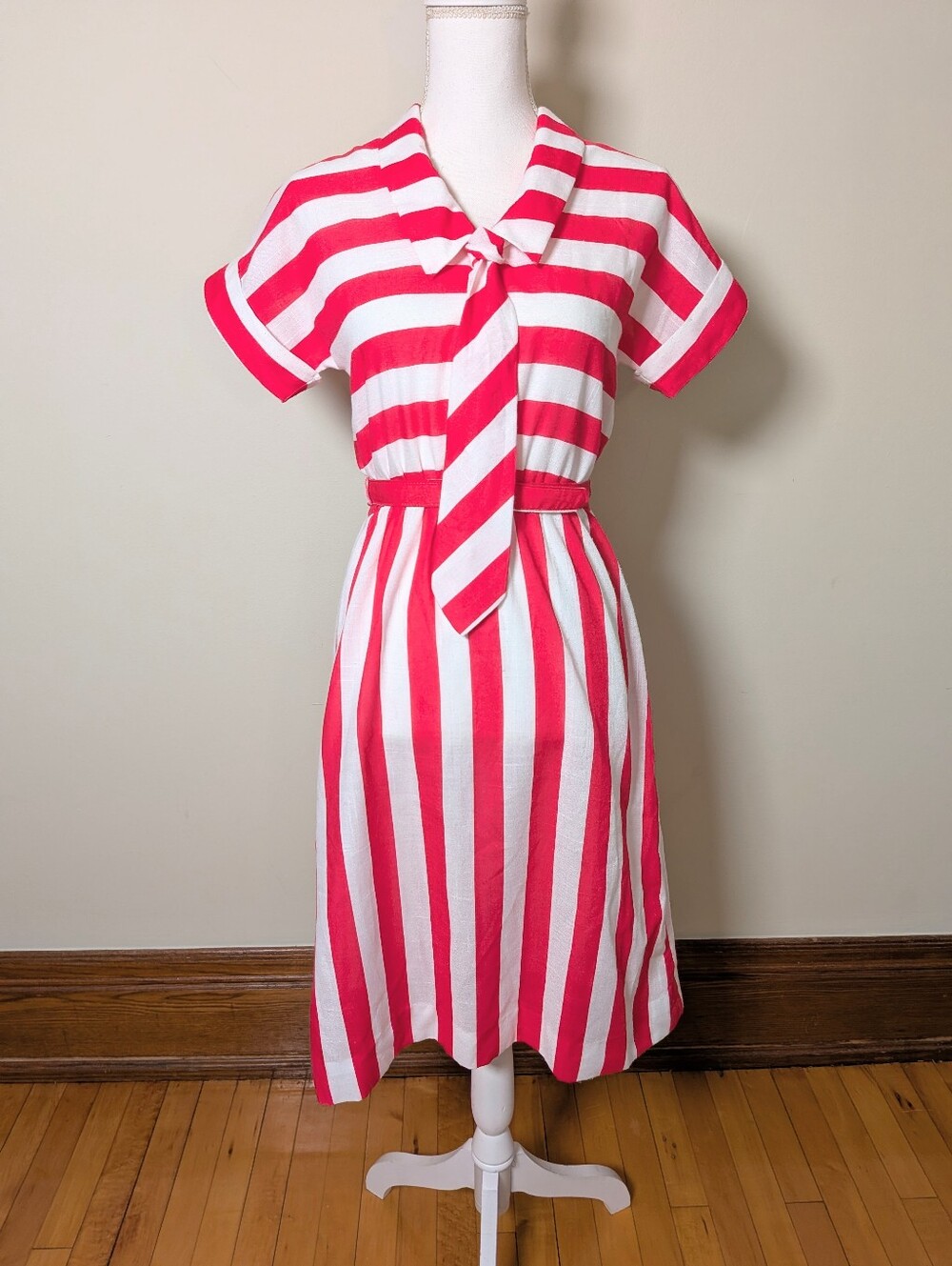 Vintage Striped Tie-Neck Midi Dress in Pink and White